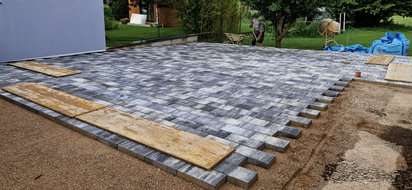 Piscine rectangulaire extérieure avec terrasse en bois composite, mur de soutènement en pierre naturelle et margelles modernes