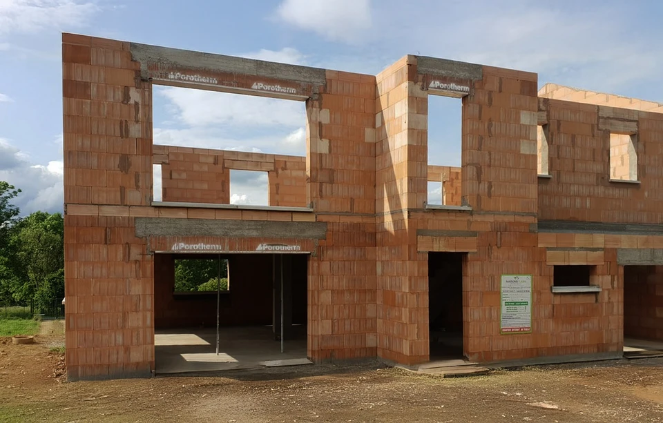 Ouvrier en silhouette travaillant sur une cheminée en briques rouges au coucher du soleil, utilisant un outil manuel pour ajuster ou réparer la structure